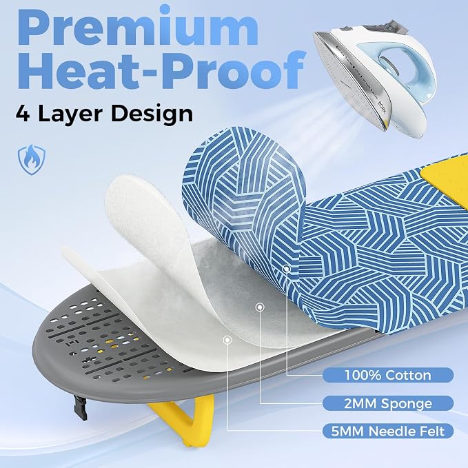 KINGBOARD Tabletop Ironing Board, Small Ironing Board with Iron Mat, Foldable Mini Iron Board, Easy Storage for Travel & Dorm, 12x32 Blue & Yellow
