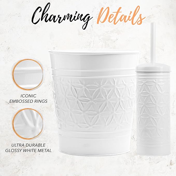 Autumn Alley White Farmhouse Bathroom Trash Can and Toilet Bowl Brush with Holder - White Bathroom Accessories Set for Charming Bathroom Décor