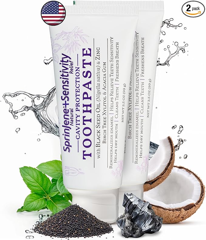 SprinJene Natural Sensitivity Relief Toothpaste – Fluoride Toothpaste for Sensitive Teeth & Cavity Protection – SLS Free with Patented Black Seed Oil & Zinc – Made in the USA (2 Pack)