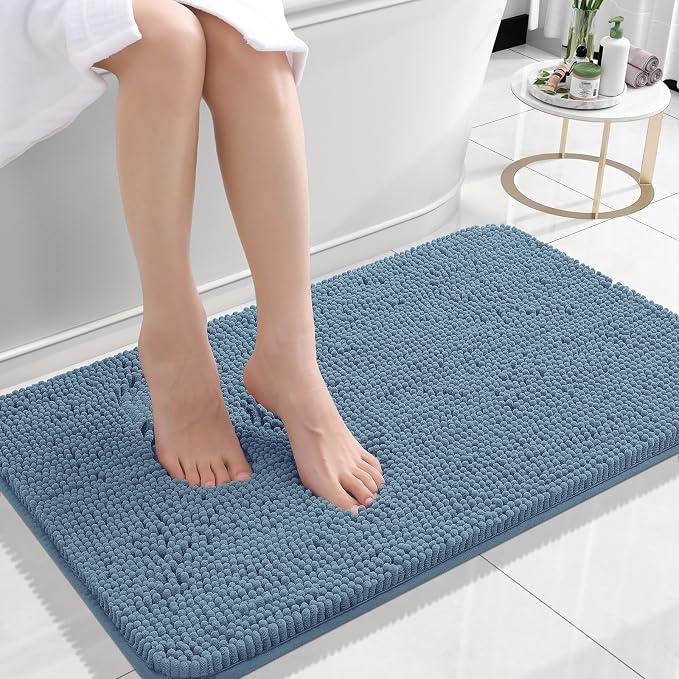 OLANLY Small Bathroom Rugs 24x16, Extra Soft Absorbent Chenille Bath Rugs, Rubber Backing Quick Dry, Machine Washable Bath Mats for Bathroom Floor, Tub and Shower, Home Decor Accessories, Airy Blue
