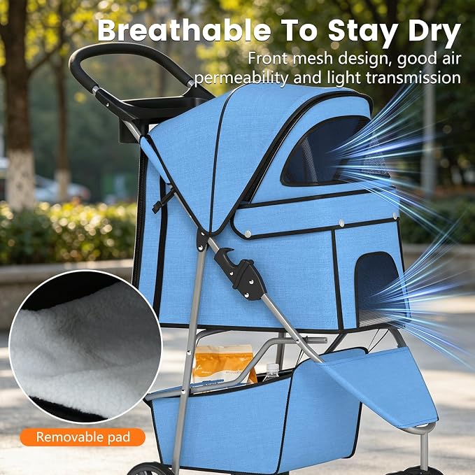 BestPet | 3-Wheel Pet Stroller | Dog and Cat Stroller | Breathable Mesh | Lightweight Travel Carrier | Waterproof & Foldable Design | Storage Basket | Blue | for Daily Walks & Outdoor Use