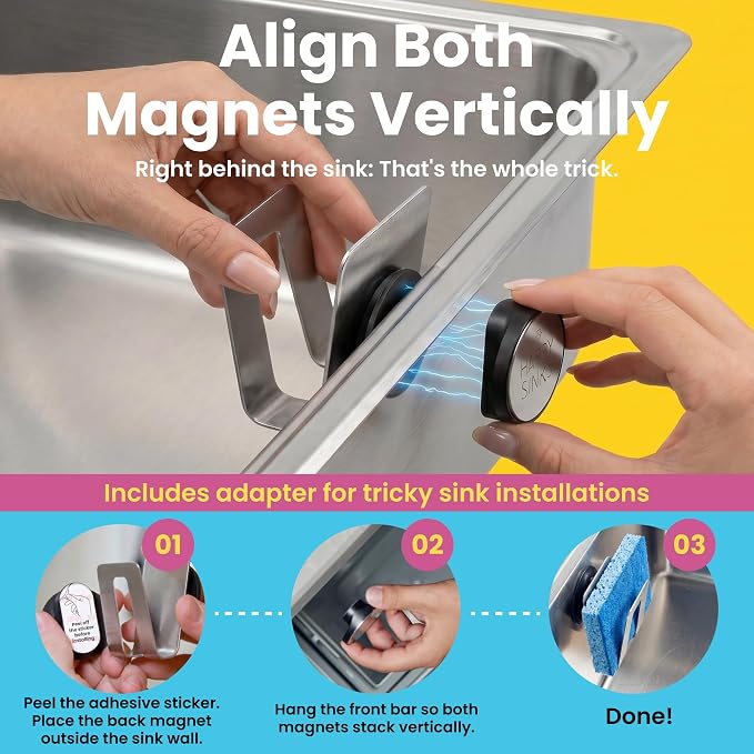 Magnetic Sponge Holder - Kitchen Sink Organizer - Ideal for Kitchen Organization & Accessories - Sink Sponge Holder (Stainless Steel)