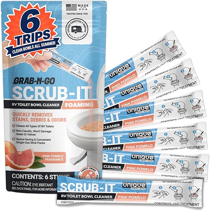 Unique Scrub-It Foaming RV Toilet Cleaner - Pink Pomelo Scent, 6 Count Stick Packs, Premeasured, No-Mess, Grab-N-Go Powder Removes Stains from RV Toilet Bowls, Helps Lubricate Valves and Seals