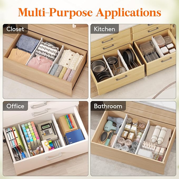 Lifewit 8" Tall 4 Pack Drawer Dividers, 13.8"-22.2" Adjustable Deep Drawer Organizer Clothes, Expandable White Plastic Separators for Dresser, Kitchen, Cabinet, Closet, Office Organization & Storage