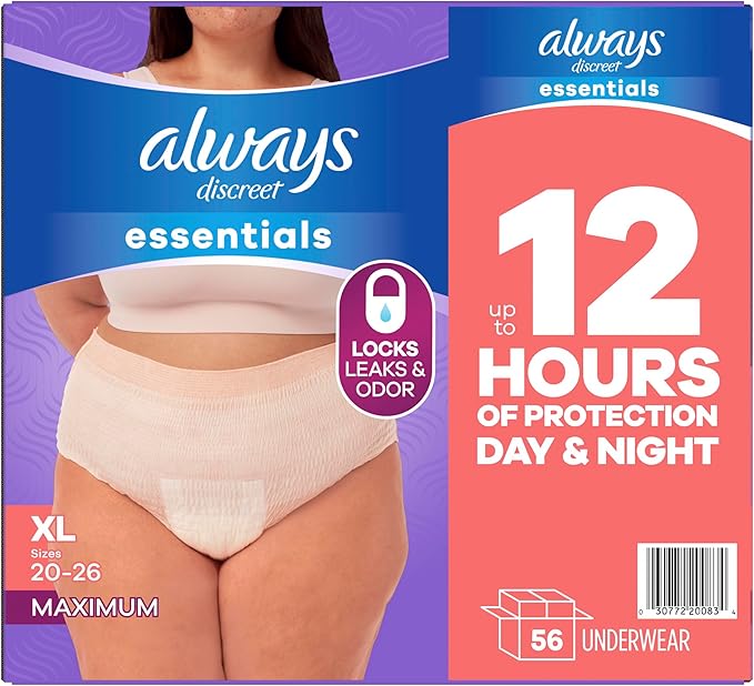 Always Discreet Essentials Adult Diapers for Women, Postpartum Essentials, Disposable Briefs, Unscented Incontinence Underwear Bladder Leak Protection, Size XL, 56 Count
