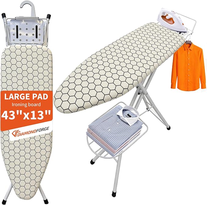 Ironing Board, 43"×13" with Iron Rest, Clothes Shelf & 7 Adjustable Height | Iron Board with Bulit-in Hook and Hanger Bar, 4 Layer Heat Resistant Cover and Pad for Home Apartment Laundry, Hexagon White