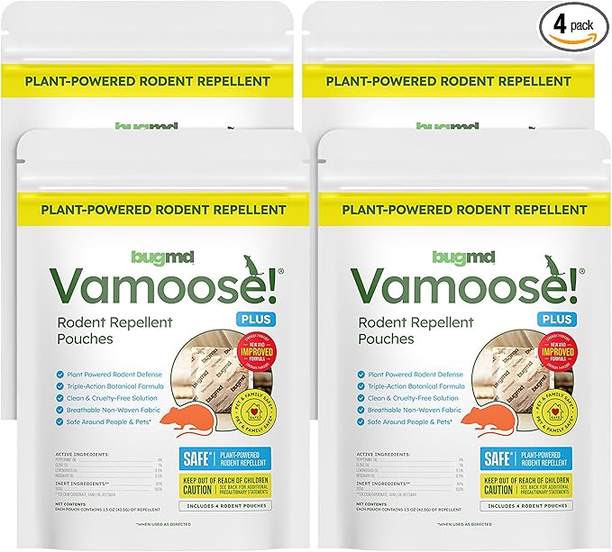 BugMD Vamoose! Plus Peppermint Oil Mouse Repellent Pouches | Natural Mice Repellent Indoor & Rat Deterrent for House, Garage, RV, Car & Storage | Plant-Powered Rodent Control - 4 Pack - 16 Pouches