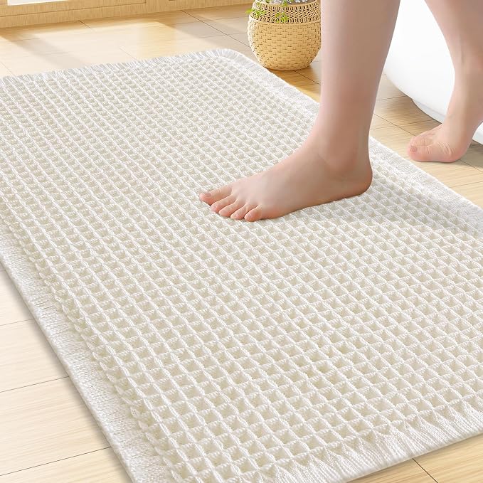 Smiry Waffle Bath Mat 24x16, Extra Soft Absorbent Bathroom Rugs, Non Slip Machine Washable Quick Dry Bath Rugs for Bathroom Floor, Tub, Shower, Home Decor Accessories, Cream