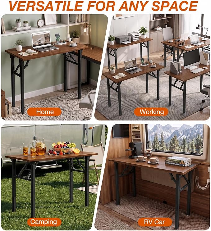 XBurmo Small Folding Desk Folding Table, No Assembly Foldable Desk Gaming Desk, 43.3-Inch Computer Table Workstation with 2 AC Outlets and 2 USB Ports for Bedroom and Home Office, Dark Walnut