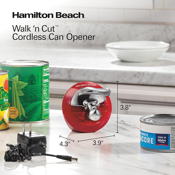 Hamilton Beach Walk 'n Cut Electric Can Opener for Kitchen, Use On Any Size, Automatic and Hand-Free, Cordless & Rechargeable, Easy Clean Removable Blade, Red (76506)
