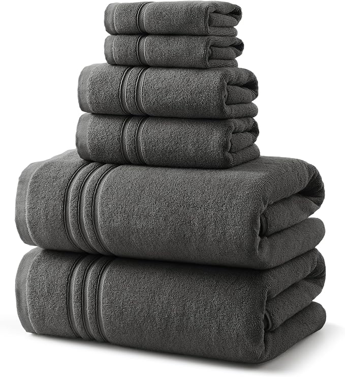 REDKISS Dark Gray Towels Set 6 Piece Cotton Towel Sets with 2 Bath Towels, 2 Hand, 2 Washcloths, 650GSM Hotel Quality, Soft, Highly Absorbent Towels for Bathroom Gym, Ideal Everyday Use