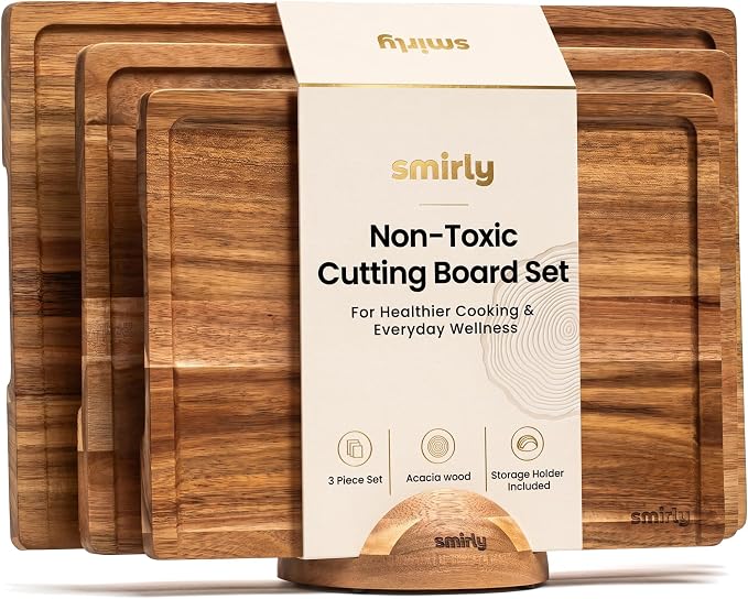 SMIRLY Cutting Boards for Kitchen, 3 Piece Walnut Cutting Board with Stand | Non Toxic Walnut Wood Cutting Board with Juice Grooves and Handles, Multiple Sizes Wooden Chopping Board for Meal Prep