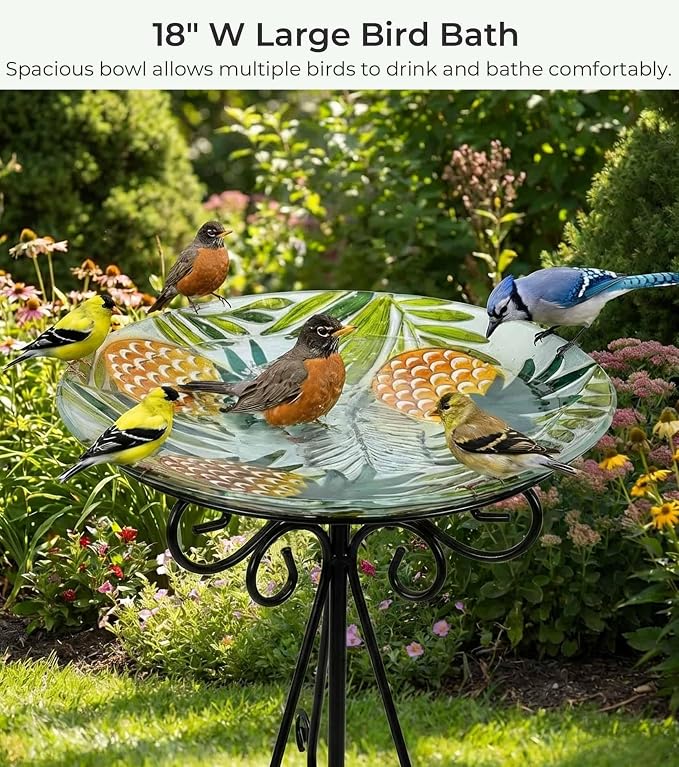 Large Glass Bird Bath with Metal Stand, Pineapple | 18" Wide Bowl, 3.2" Bathing Depth, Thick Glass Construction, Stable 3-Leg Base, Easy Clean Surface, Garden Decor