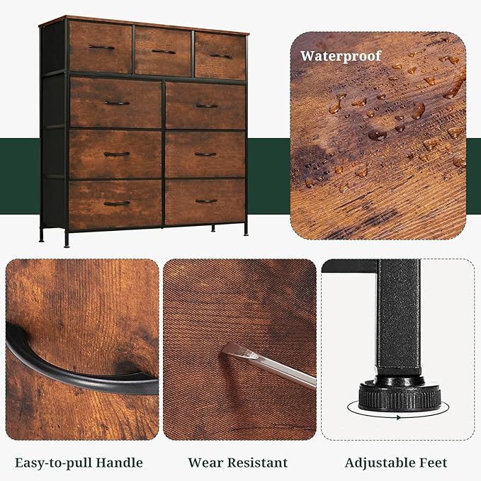 9-Drawer Dresser for Bedroom, Anti-Tip Tall Storage Organizer Chest of Drawers with Wooden Top and Metal Frame Fabric Bins for Closet, Living Room, Hallway, Entryway, Brown