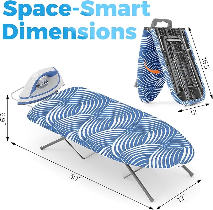 KINGBOARD Tabletop Ironing Board, Small Ironing Boards with Iron Rest, Folding Iron Board, Extra Thick Cover, Portable Tabletop Ironing Board with Non-Slip Feet, 30x12 Blue and White