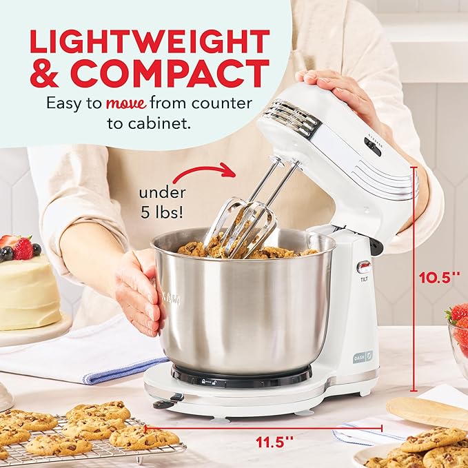 Dash Everyday Stand Mixer - Compact Tilt-Head Stand Mixer for Everyday Recipes - 6-Speed Power with Stainless Steel Bowl - White, 3-Quart