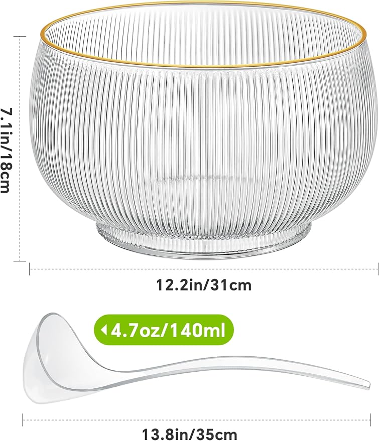 NiHome Glass Punch Bowl Set with Ladle, 2.5 Gal Gold Rim Ribbed for Parties | Borosilicate Crystal Clear, Hand Wash. Large Capacity for Wedding, Birthday, Holiday, Cocktails, Drinks, Salads, Snacks