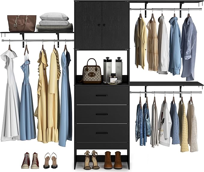 Armocity 96 Inches Closet System with Doors, 8FT Walk In Closet Organizer with 3 Shelving Towers, Heavy Duty Clothes Garment Rack with 3 Wood Drawers, 96" L x 16" W x 80" H, Max Load 1000 LBS, Black