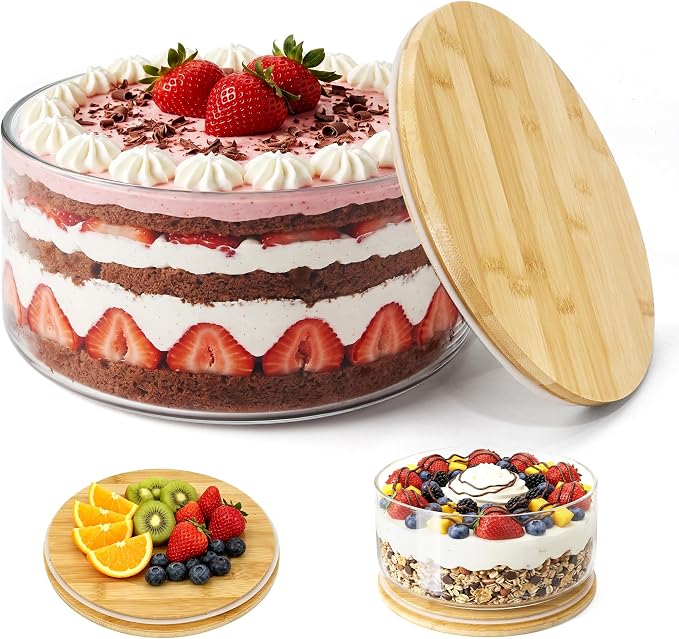 Jolitac 197oz Glass Trifle Bowl with Lid - Extra Large 10 inch Clear Glass Salad Bowl