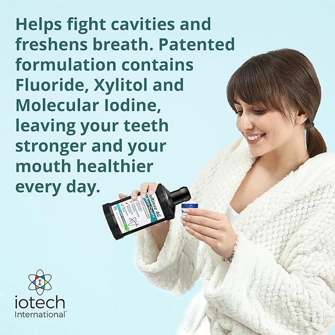 ioRinse AC Anticavity Fluoride Mouthwash - Alcohol-Free Molecular Iodine Mouth Wash Fights Tooth Decay & Protects Enamel - Safe Mint Rinse for Sensitive Mouths - Potent Bad Breath Protection - 33.8 oz