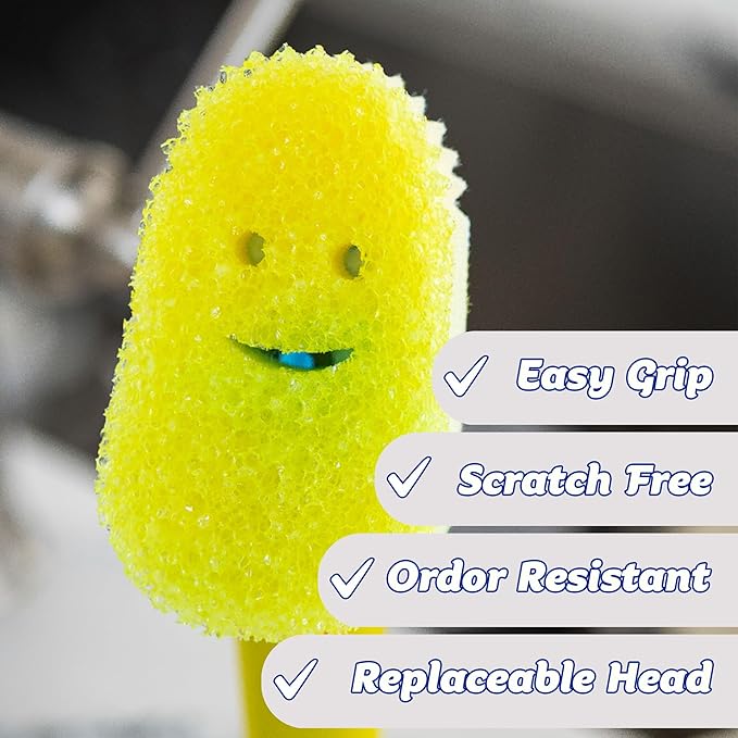 Scrub Daddy Dish Daddy Wand, Refill Heads, Sponge & Connector Head, Soap Dispensing Dish Brush, Texture Changing Washing Up Sponge with Liquid Handle, Built-in Scraper & Scrubbing Head - Yellow