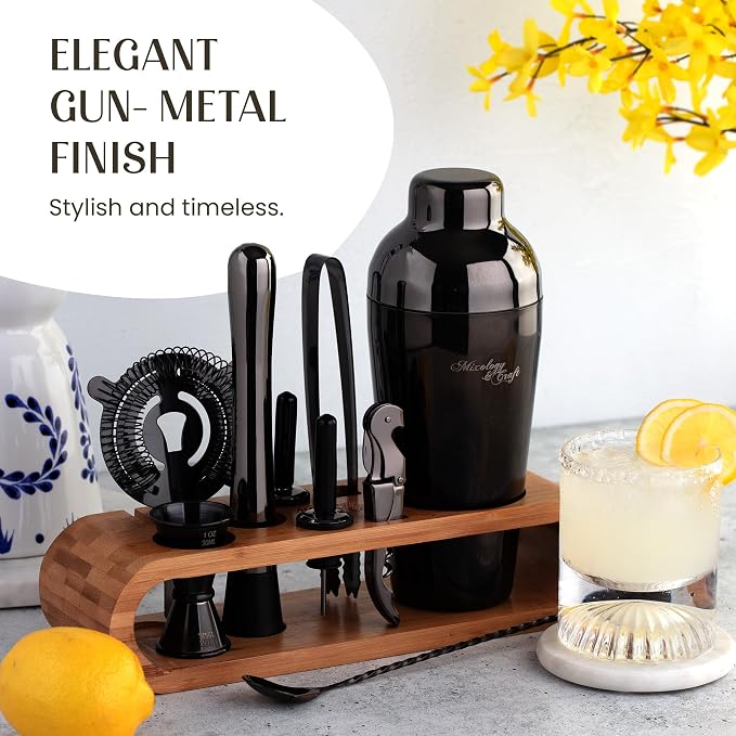 Mixology & Craft Cocktail Shaker Set with Bamboo Stand - Professional 10-Piece Bartender Kit - Complete Bar Set & Cocktail Mixer Kit for Home (Gun-Metal)
