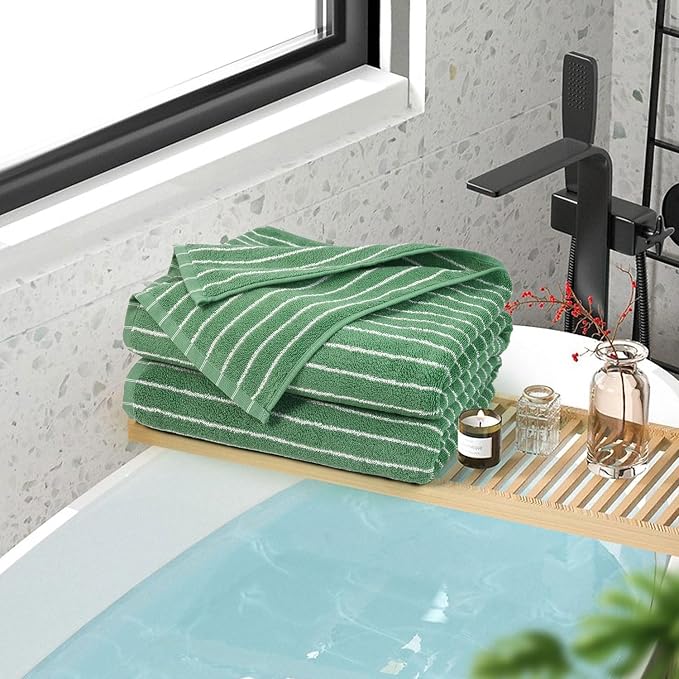 Bath Towels 2 Pack, Lighter & Quick Dry Towels Large 27.5 x 55 inches, | Luxury Terry Cotton Towels for Bathroom Beach Swim, Forest Green & White Striped