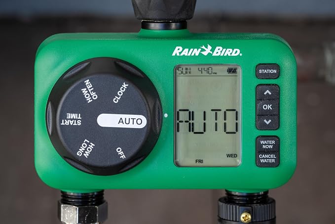 Rain Bird HET200 Electronic Digital Hose End Watering/Irrigation Timer, Battery Operated, 3/4" Garden Hose Thread, Heavy-Duty Brass Inlet, 2 Outlets/Ports