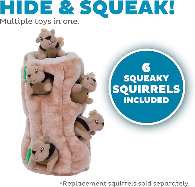 Outward Hound Hide-A-Squirrel Dog Toy – Interactive 2‑in‑1 Plush Puzzle with 6 Squeaky Removable Squirrels, X-Large