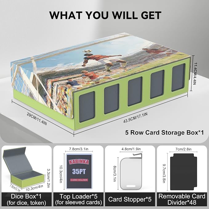 Kabinka Soccer Card Storage Box with Window Display, 5-Row Sport Card Storage Box, 3900+ Card Deck Box for Soccer Sports Card TCG, 5 Top Loaders, 5 Stoppers, 48 Dividers, 1 Dice Tray (Soccer 3)