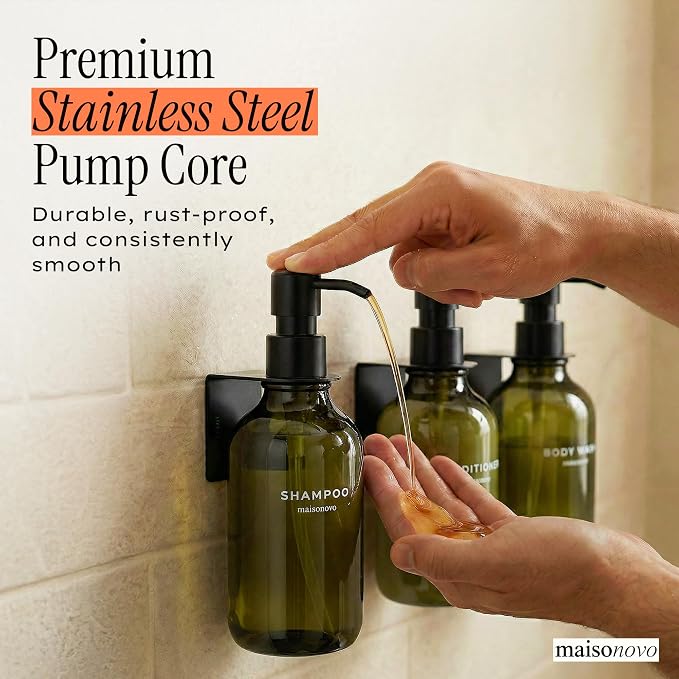 Shampoo and Conditioner Dispenser Wall Mounted Set of 3 Green - No Drill Shower Soap Dispenser for Bathroom Refillable - Spa Hotel Style Accessories by MaisoNovo