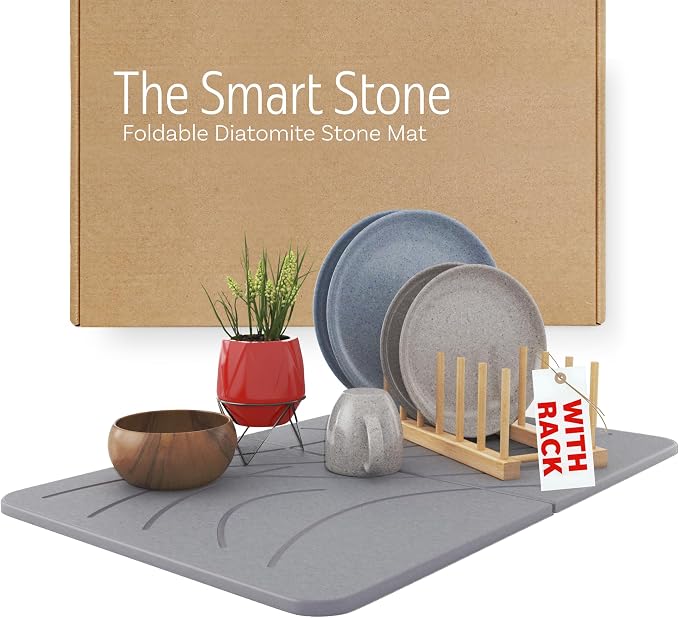 LARGE | PREMIUM | Stone Dish Mat + Bamboo Rack | 24” x 16” | Foldable (Light Gray)