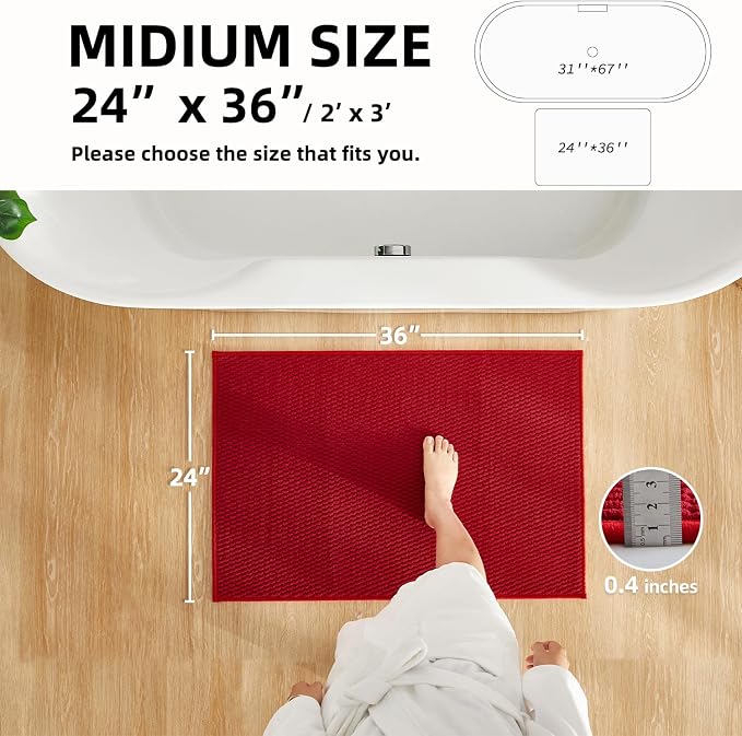 TYUU Christmas Bathroom Rugs Non Slip Washable, Super Absorbent Thin Bath Mat Quick Dry Low Pile Bathroom Rug, Red 24"x36"