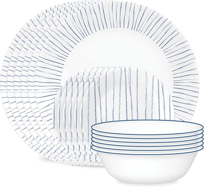 Corelle 18-Piece Dinnerware Set Service for 6, Lightweight Round Plates and Bowls Set, Vitrelle Triple Layer Glass, Chip Resistant, Microwave and Dishwasher Safe, Nautical Stripes