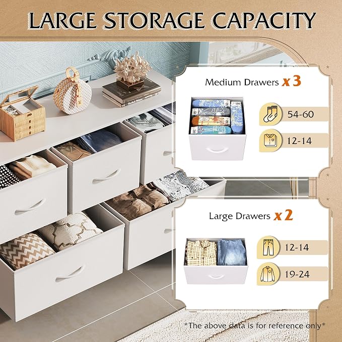 WLIVE Wide Dresser for Bedroom, 5 Drawer Chest of Drawers, White | 5 roomy fabric drawers, Wide storage design, Bedroom or closet use, Sturdy steel frame, Smooth wood tabletop