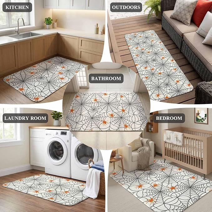 Halloween Bathroom Runner Rugs Non Slip Washable Absorbent Narrow Long Bath Mat Black Net Classic Spiders Gingham Orange Runner Rugs for Kitchen Hallway Bedroom Laundry Study Room 19.7"x63"