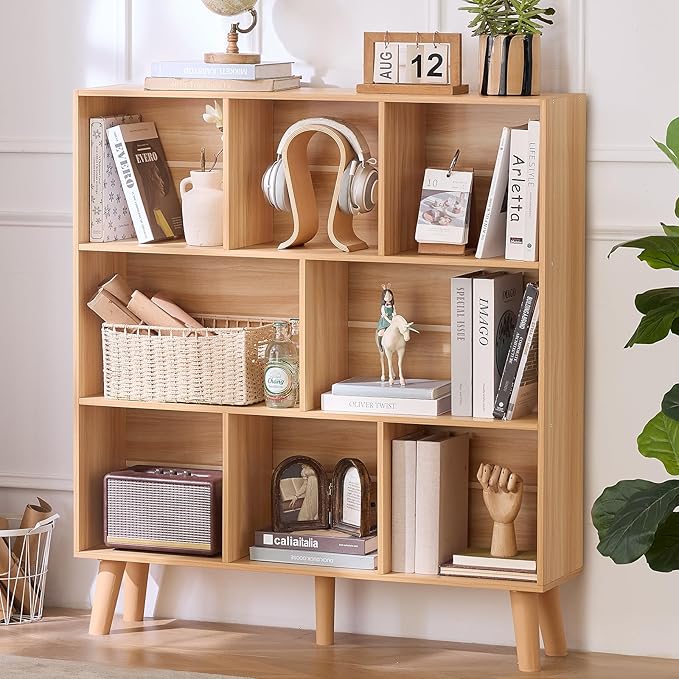 LEYAOYAO 8 Cube Bookshelf, Mid-Century Modern Book Shelf with Legs, Natural | 3 Tier Bookcase, Rustic Wood Bookshelves Freestanding Large Storage Organizer, Open Shelves for Bedroom, Living Room, Office
