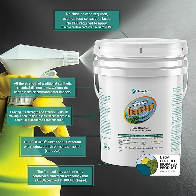 Benefect Botanical Broad Spectrum Disinfectant, 5 Gallon, Lemon & Spice Scent, Hospital Grade Disinfectant & Tuberculocide, Kills Over 99.99% of Germs, No Rinsing or Wiping Required