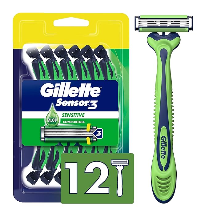 Gillette Sensor3 Sensitive Men's Disposable Shaving Razors, 12 Count