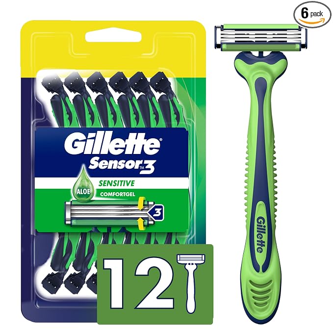 Gillette Sensor3 Sensitive Men's Disposable Razor, 12 Razors (Pack of 6)