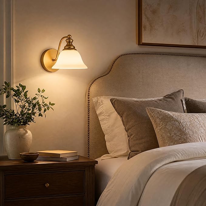 Brass Wall Sconce, 7.87" W x 7.87" H Vintage Gold Brushed Metal Wall Lighting, E26 Bulb Base, Farmhouse Wall Lamp for Hallway, Bedside, Corridor, Bedroom, Bathroom Vanity (Bulb Not Inclu