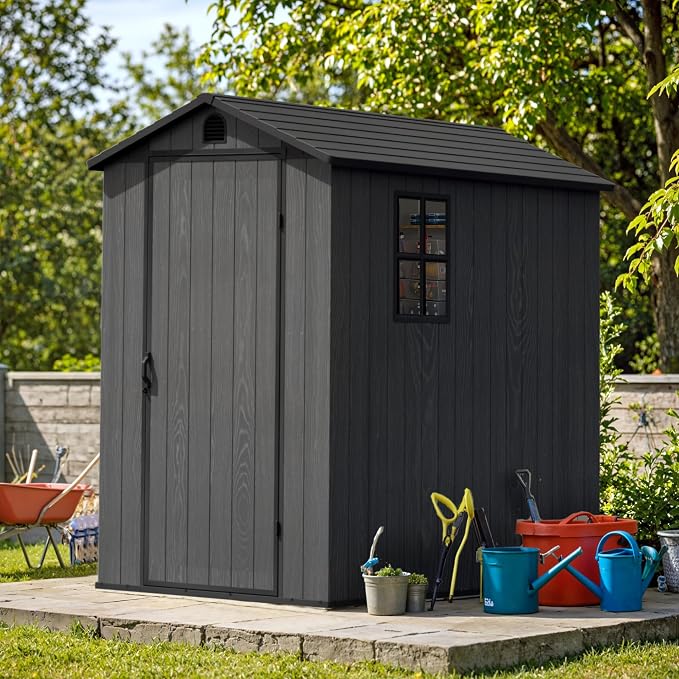 Greesum 4x6FT Plastic Storage Shed with Floor, Resin Outdoor Storaged Sheds with Lockable Door, All Weather Tool Shed with Window and Vent, Easy Assembly for Garden, Patio, Yard, Dark Gray