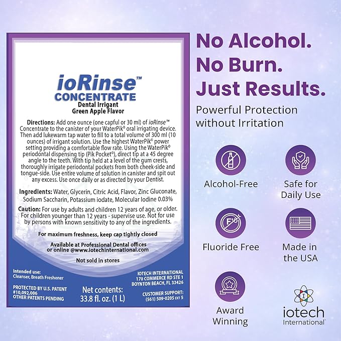 ioRinse Concentrated Irrigant with Active Molecular Iodine, Alcohol-Free Dental Irrigant, for use with Waterpik Water Flossers, and All Other Oral Irrigation Devices
