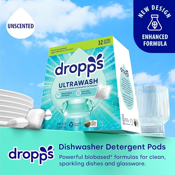 Dropps UltraWash Dishwasher Detergent Pods, Unscented (32 Ct) - Free & Clear | Cuts Grease & Stuck-On Food | Sparkling Dishes & Glasses | Residue-Free | Clean Ingredients | Plastic Free Packaging