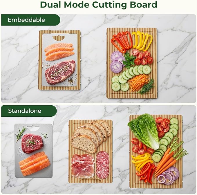 Glue Free, Plastic Free Zebra-Stripe Bamboo Pure Titanium Cutting Board Set | 6 Usable Sides, Juice Grooves, Non-Slip & Scratch Resistant, Knife-Friendly, Dishwasher Safe, Warp Resistant, Kitchen Gifts