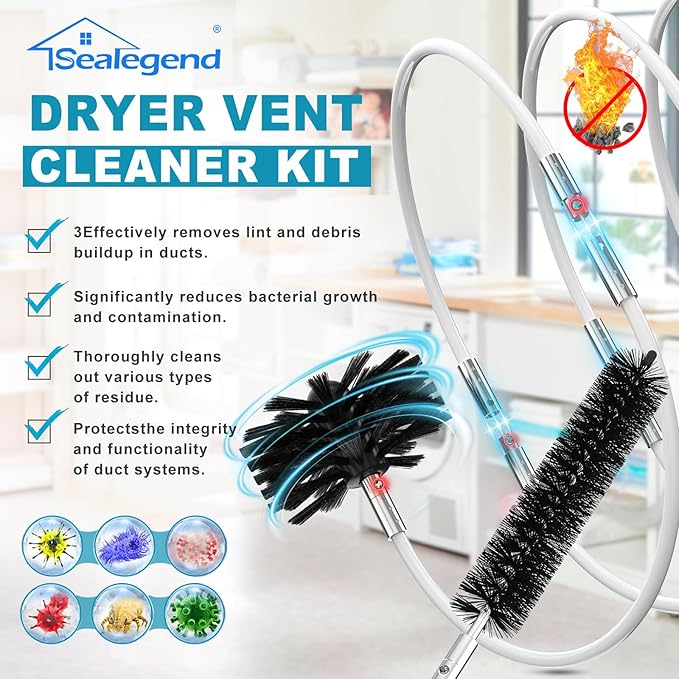 Sealegend 60 Feet Dryer Vent Cleaner Kit/Lint Remover/2×Upgraded Flexible Quick-Snap Brush/Fireplace Chimney Brushes for Easy to Use/Works Well with/Without a Power Drill