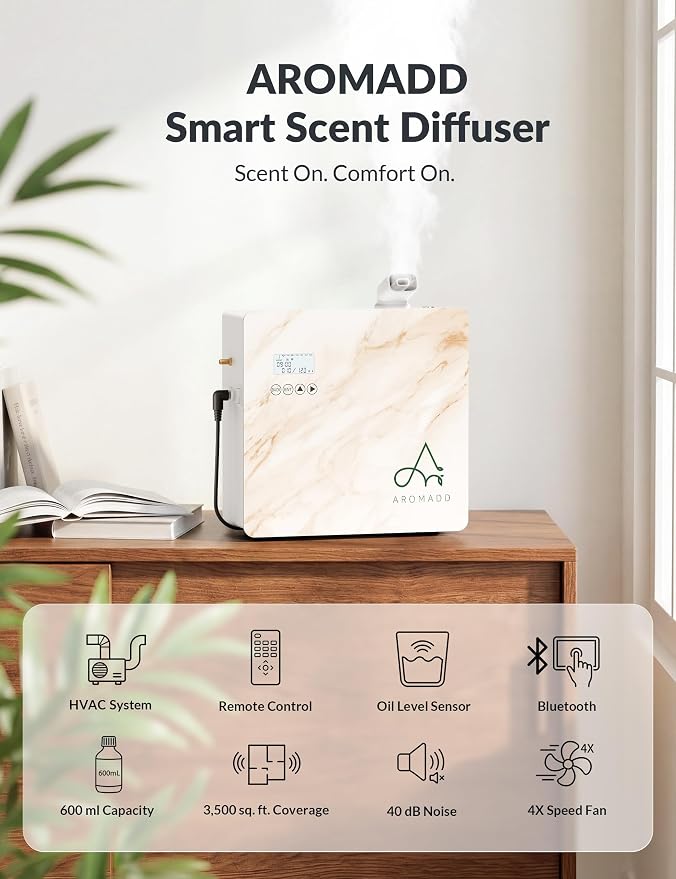 2026 Upgraded 3500 Sq.Ft HVAC Scent Diffuser for Home, Smart Whole House Scent System with App & Remote Control, Hotel Collection Waterless Diffuser for Large Room, Cold Air Tech, 600mL, Marble Beige