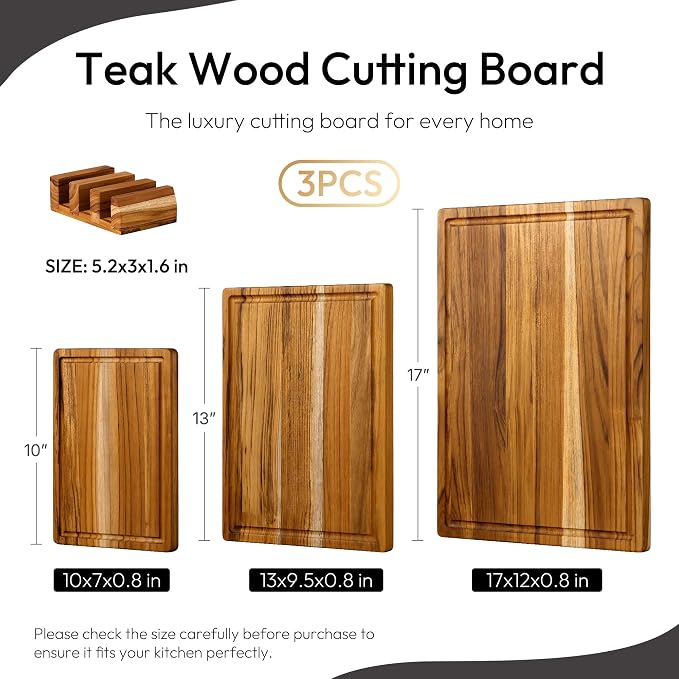 3 Pack Teak Wood Cutting Board Set for Kitchen Charcuterie Board Serving Heavy Duty Non Toxic Slip Over Sink Solid Thick Haus Wooden Chopping Board Large Big Small Meat Kitchen Essential Gift