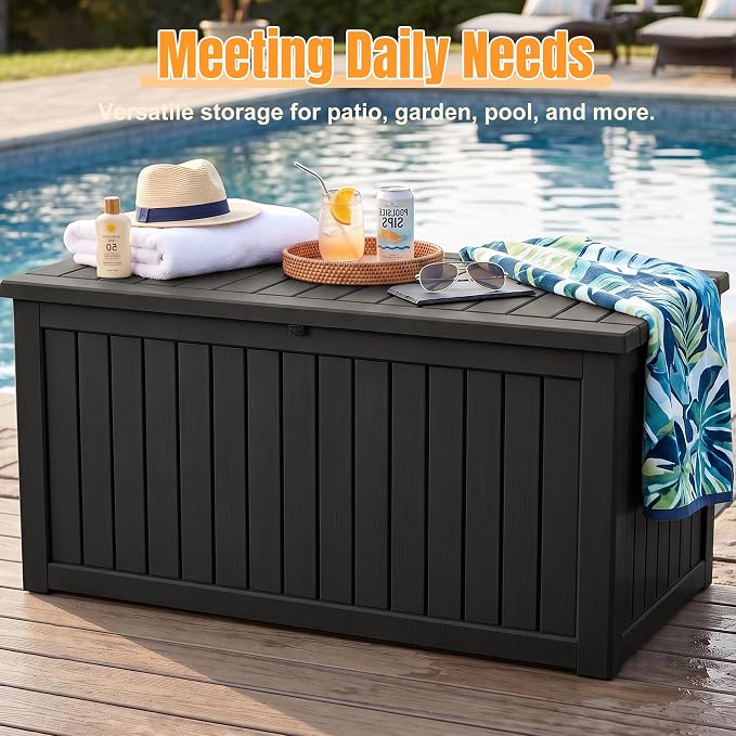 Outdoor Storage Box, 280 Gallon Waterproof Resin Deck Box with Support Rod | UV Resistant Lockable Package Delivery Bin, Shoe, Patio & Garden Tools Storage, Toy Cabinet, Ottoman, Indoor/Outdoor