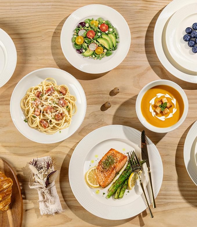 TheTerra Ceramic Dinnerware Sets for 6, 18 Pieces Porcelain Lightweight Plates and Bowls Sets, Scratch Resistant Dish Set, Oven, Microwave & Dishwasher Safe, Ivory